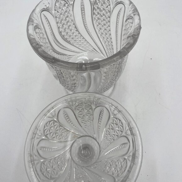Vintage Glass EAPG Candy Dish Lid Clear Pressed Glass Swirl Feather Diamond Patt - Picture 4 of 8
